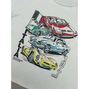 Vintage Italia 1977 Car Graphic Tee White Raw Cut Cropped T-Shirt Mens M